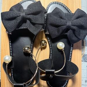 Black Bow Sandals with Gold and Pearl Accents